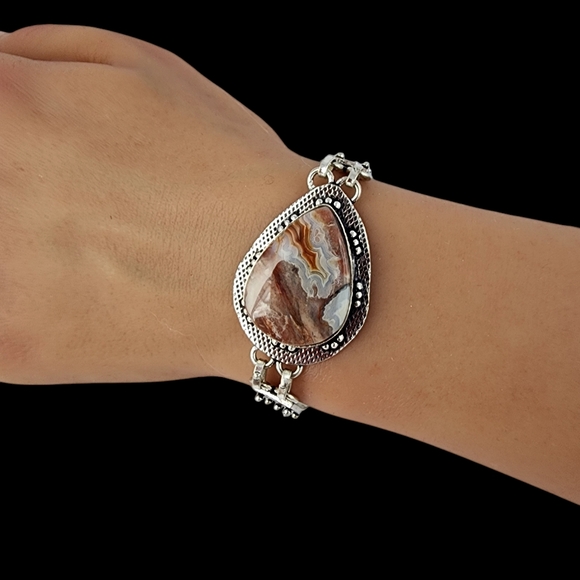 Agate gemstone bracelet silver chunky statement artisan crazy lace agate J30 - Picture 12 of 15